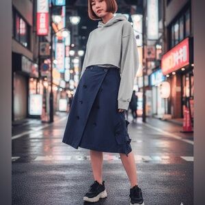 JNBY Navy Cotton Twill Nautical Fold Over A Line Skirt Size M